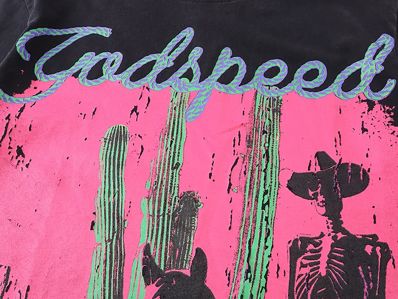 1058# P126 Washed Black Real Shot Godspeed American Fashion Rock Street Retro Washed Distressed Printed Pure Cotton Short Sleeves Fabric: 250g 32 Count Fine Cotton Double Yarn Pure Cotton Color: Washed Black Size: S M L XL