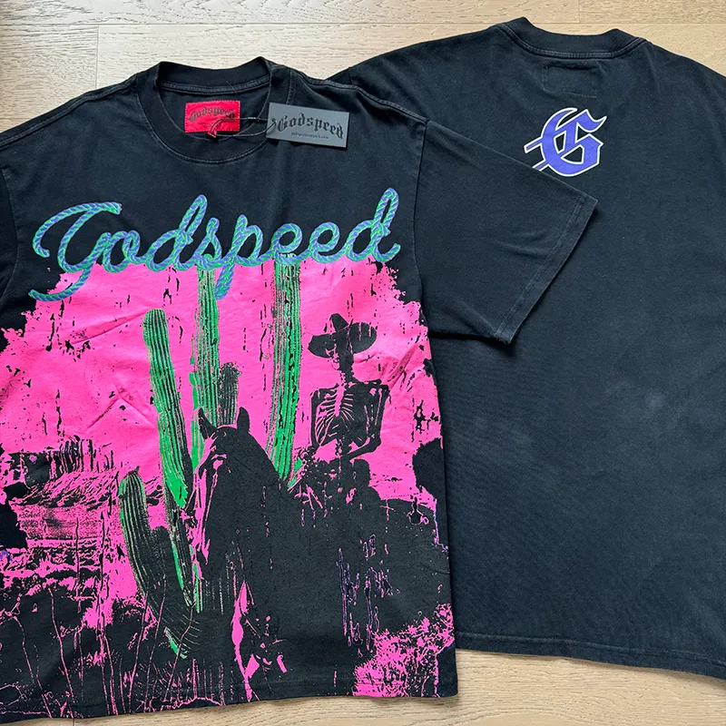 1058# P126 Washed Black Real Shot Godspeed American Fashion Rock Street Retro Washed Distressed Printed Pure Cotton Short Sleeves Fabric: 250g 32 Count Fine Cotton Double Yarn Pure Cotton Color: Washed Black Size: S M L XL