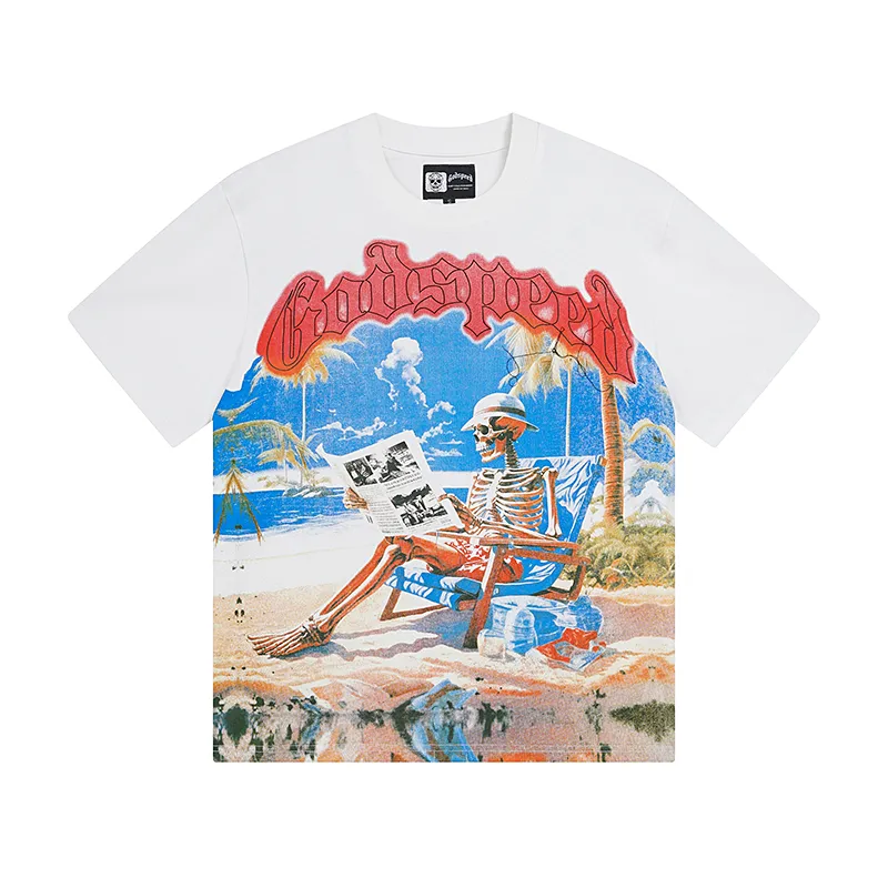 3022# P110 Real shot Godspeed American fashion rock street retro loose printed cotton short sleeves Fabric: 240g 32 count fine cotton double yarn pure cotton Color: off-white Size: S M L XL