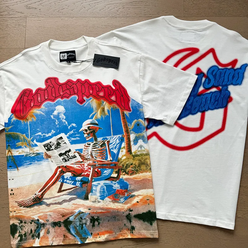 3022# P110 Real shot Godspeed American fashion rock street retro loose printed cotton short sleeves Fabric: 240g 32 count fine cotton double yarn pure cotton Color: off-white Size: S M L XL