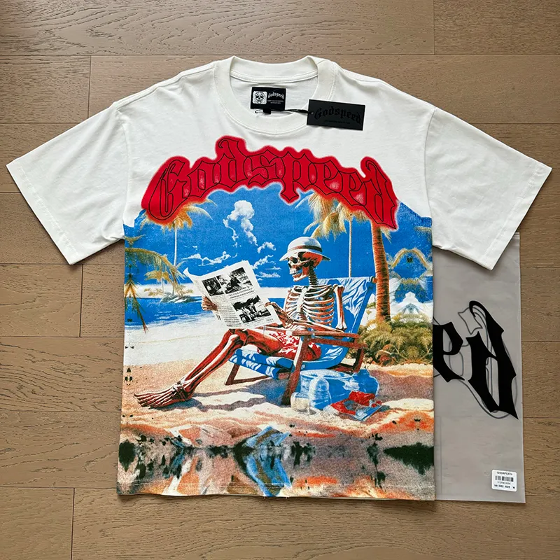 3022# P110 Real shot Godspeed American fashion rock street retro loose printed cotton short sleeves Fabric: 240g 32 count fine cotton double yarn pure cotton Color: off-white Size: S M L XL