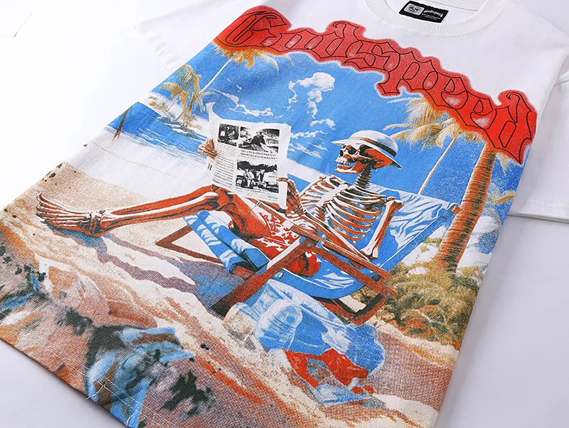 3022# P110 Real shot Godspeed American fashion rock street retro loose printed cotton short sleeves Fabric: 240g 32 count fine cotton double yarn pure cotton Color: off-white Size: S M L XL