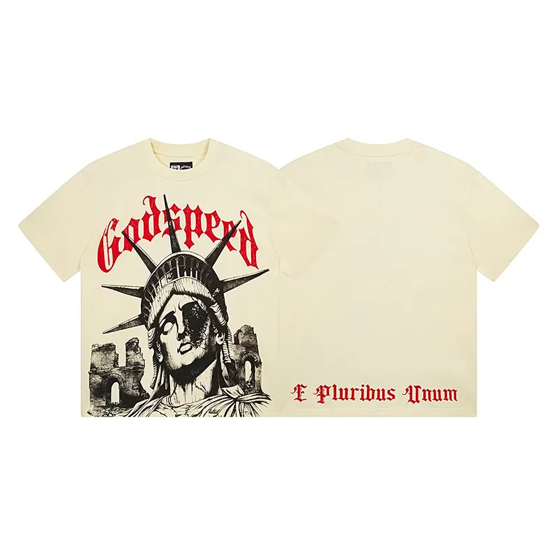 3127# P106 Real shot Godspeed American fashion rock street retro loose printed cotton short sleeves Fabric: 240g 32 count fine cotton double yarn pure cotton Color: apricot Size: S M L XL