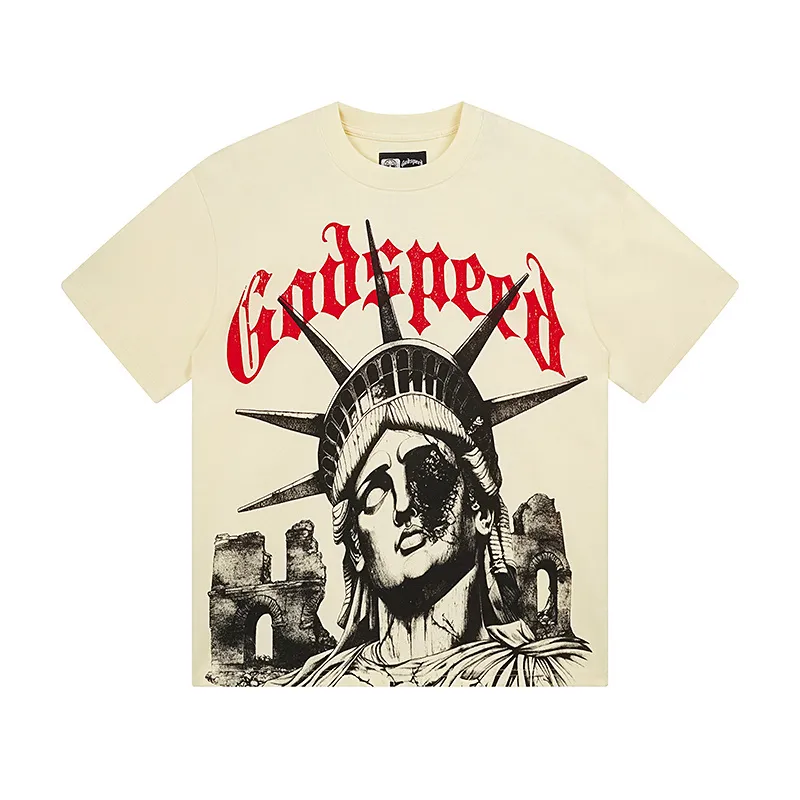 3127# P106 Real shot Godspeed American fashion rock street retro loose printed cotton short sleeves Fabric: 240g 32 count fine cotton double yarn pure cotton Color: apricot Size: S M L XL