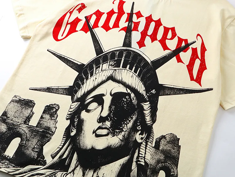 3127# P106 Real shot Godspeed American fashion rock street retro loose printed cotton short sleeves Fabric: 240g 32 count fine cotton double yarn pure cotton Color: apricot Size: S M L XL