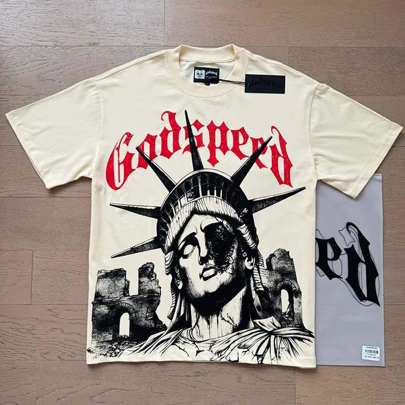 3127# P106 Real shot Godspeed American fashion rock street retro loose printed cotton short sleeves Fabric: 240g 32 count fine cotton double yarn pure cotton Color: apricot Size: S M L XL