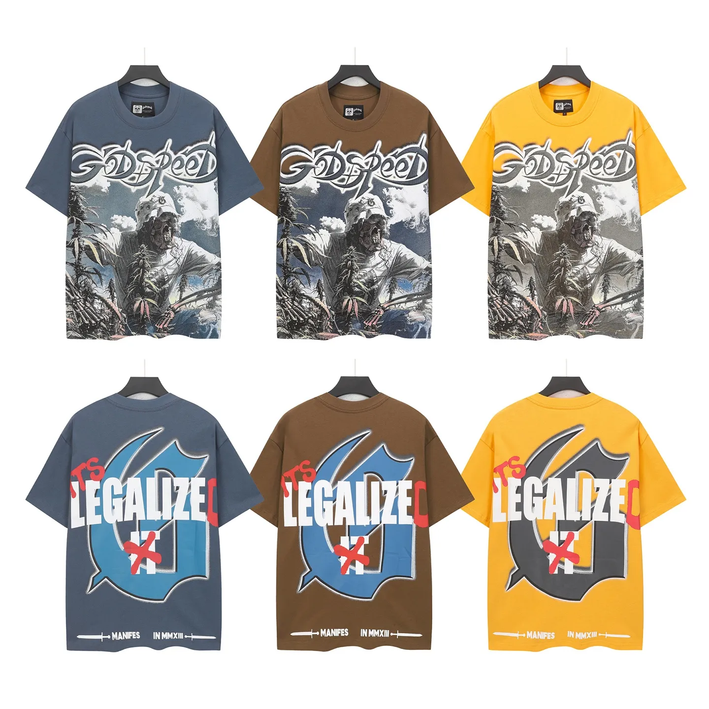 5100# Brown/Sea Blue/Golden Yellow I P106 Godspeed Cross-Border American Rock Street Washed Retro Style Short Sleeve T (Craft Print) Fabric (fabric) 32 Count Combed Double Yarn 240 Grams Size (size): S-M-L-XL Color (colour): Brown/Sea Blue/Golden Yellow 👉