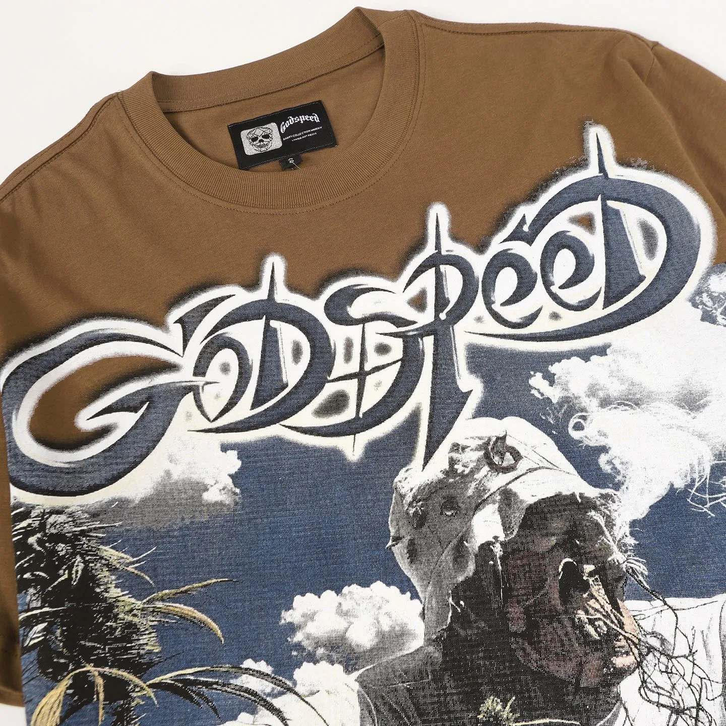5100# Brown/Sea Blue/Golden Yellow I P106 Godspeed Cross-Border American Rock Street Washed Retro Style Short Sleeve T (Craft Print) Fabric (fabric) 32 Count Combed Double Yarn 240 Grams Size (size): S-M-L-XL Color (colour): Brown/Sea Blue/Golden Yellow 👉