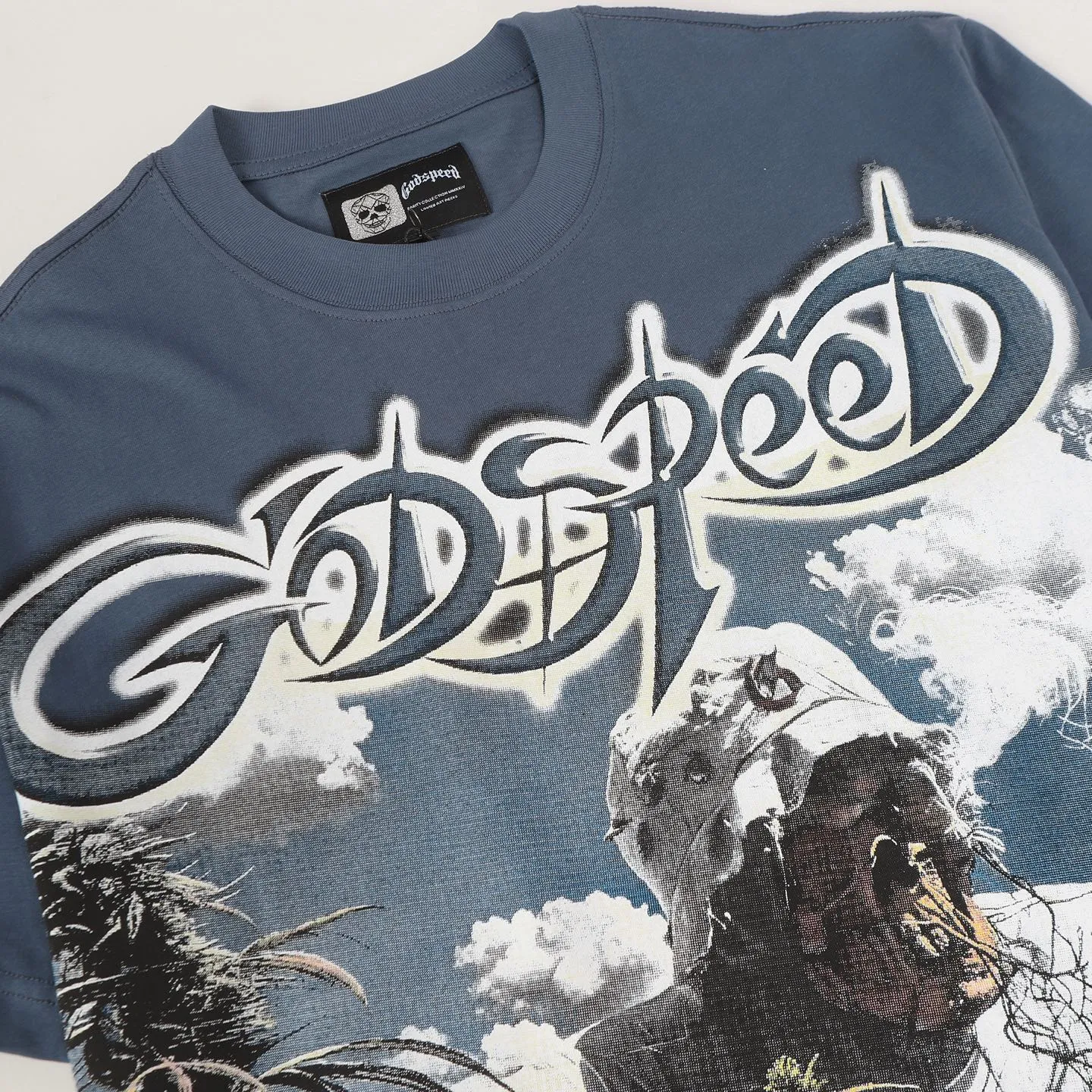 5100# Brown/Sea Blue/Golden Yellow I P106 Godspeed Cross-Border American Rock Street Washed Retro Style Short Sleeve T (Craft Print) Fabric (fabric) 32 Count Combed Double Yarn 240 Grams Size (size): S-M-L-XL Color (colour): Brown/Sea Blue/Golden Yellow 👉