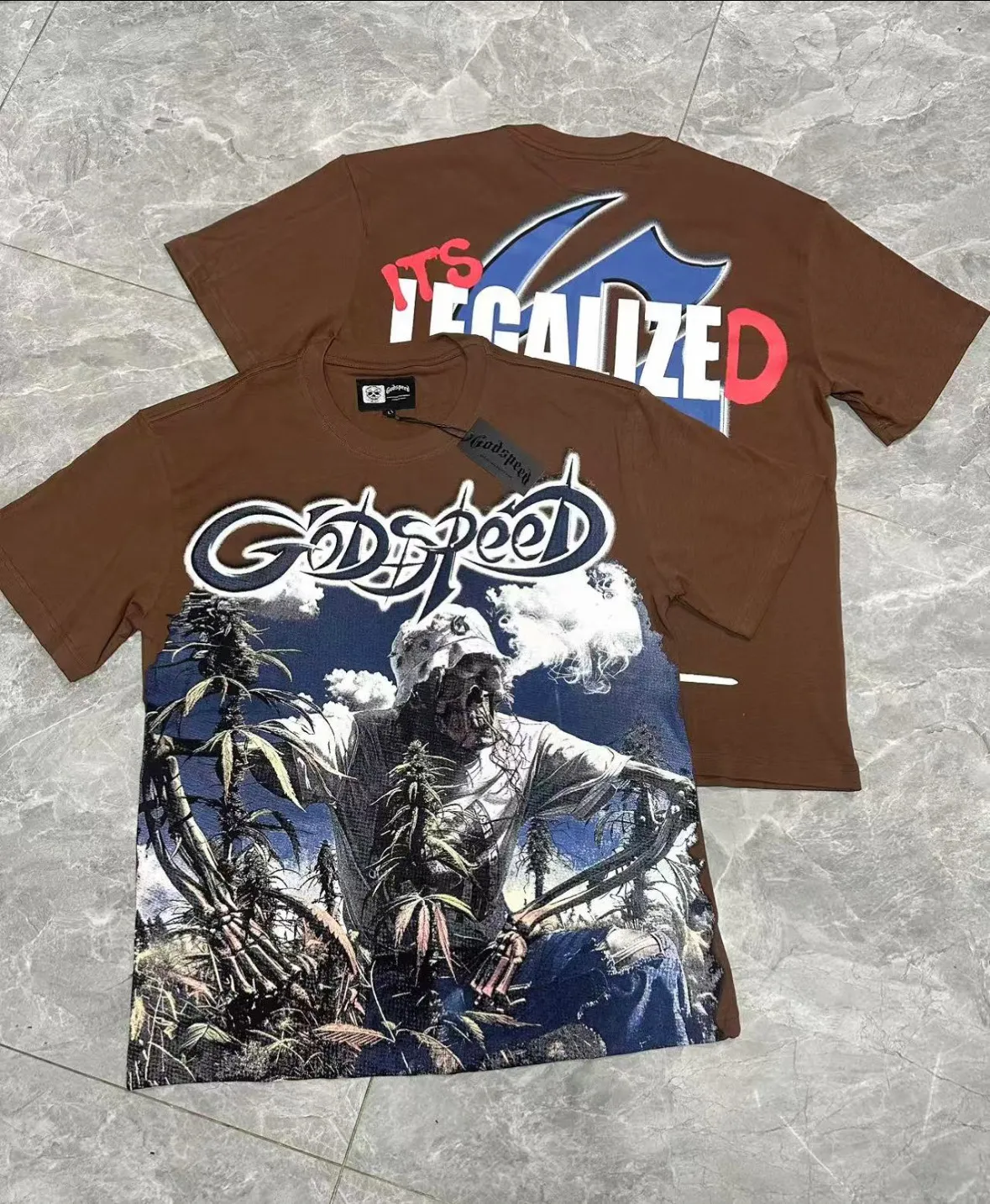 5100# Brown/Sea Blue/Golden Yellow I P106 Godspeed Cross-Border American Rock Street Washed Retro Style Short Sleeve T (Craft Print) Fabric (fabric) 32 Count Combed Double Yarn 240 Grams Size (size): S-M-L-XL Color (colour): Brown/Sea Blue/Golden Yellow 👉