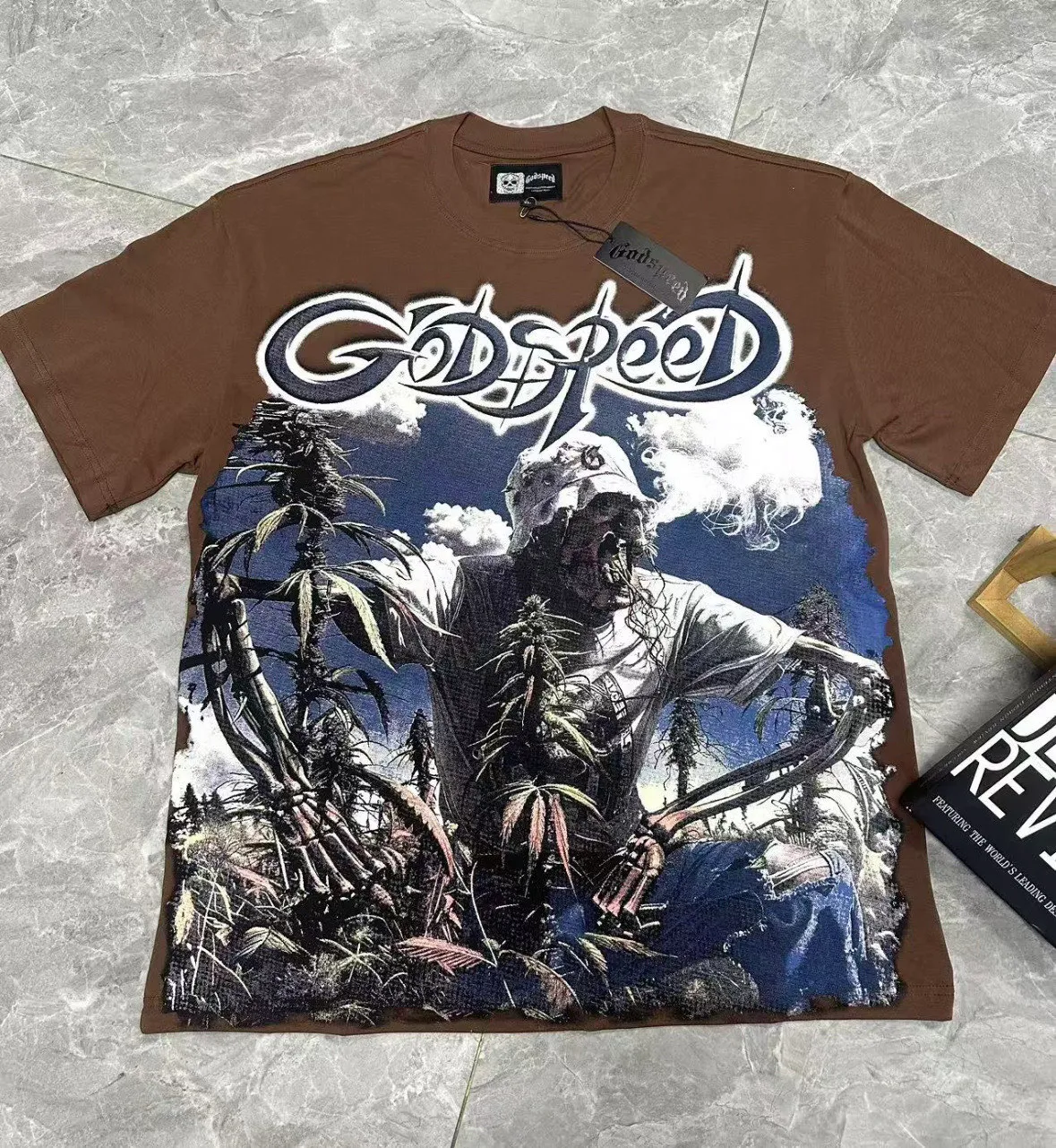 5100# Brown/Sea Blue/Golden Yellow I P106 Godspeed Cross-Border American Rock Street Washed Retro Style Short Sleeve T (Craft Print) Fabric (fabric) 32 Count Combed Double Yarn 240 Grams Size (size): S-M-L-XL Color (colour): Brown/Sea Blue/Golden Yellow 👉