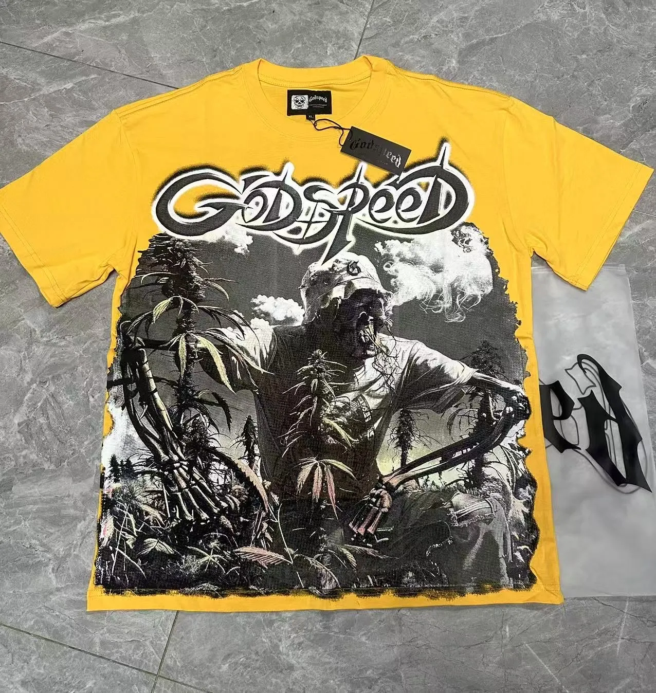 5100# Brown/Sea Blue/Golden Yellow I P106 Godspeed Cross-Border American Rock Street Washed Retro Style Short Sleeve T (Craft Print) Fabric (fabric) 32 Count Combed Double Yarn 240 Grams Size (size): S-M-L-XL Color (colour): Brown/Sea Blue/Golden Yellow 👉