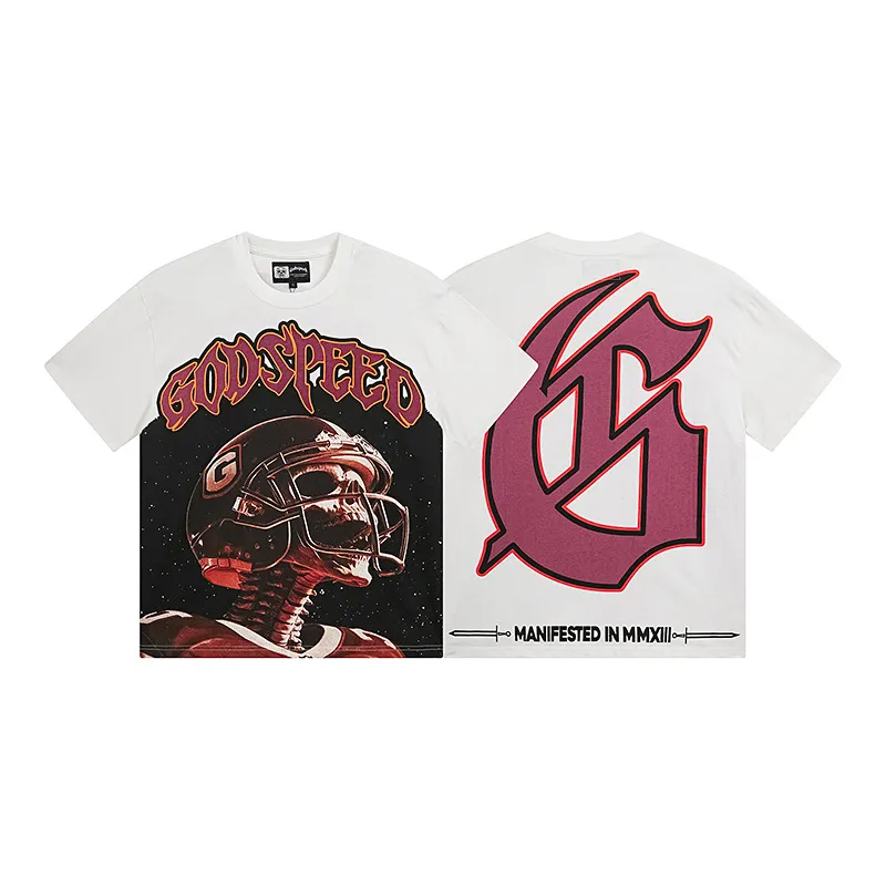 3122# P106 Real shot Godspeed American fashion rock street retro loose printed cotton short sleeves Fabric: 240g 32 count fine cotton double yarn pure cotton Color: off-white Size: S M L XL