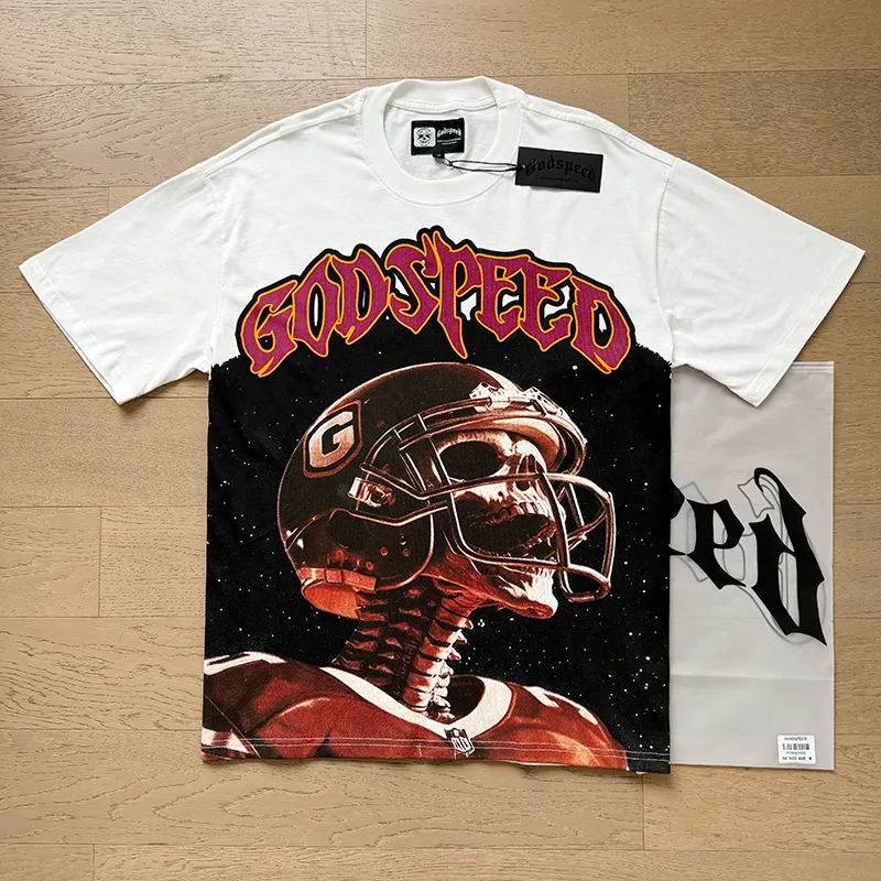 3122# P106 Real shot Godspeed American fashion rock street retro loose printed cotton short sleeves Fabric: 240g 32 count fine cotton double yarn pure cotton Color: off-white Size: S M L XL