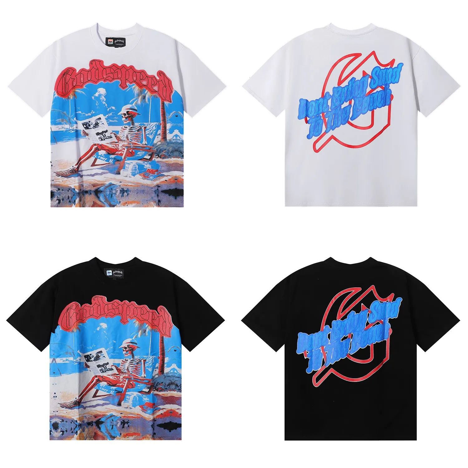 No. 7021, American trend Godspeed comfortable beach skull print high quality double yarn pure cotton casual short-sleeved T-shirt batch 110 Color: black, white; Size: S M L XL