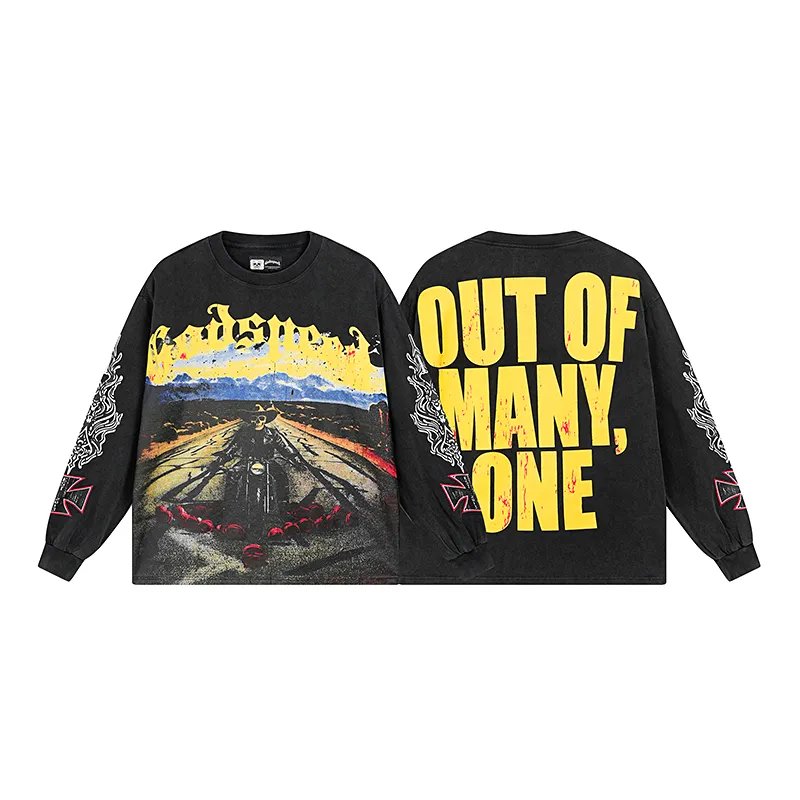 1100# P160 Washed Black Real Shot Godspeed American Fashion Rock Street Retro Washed Distressed Printed Pure Cotton Short Sleeves Fabric: 270g 32 Count Fine Cotton Double Yarn Pure Cotton Color: Washed Black Size: S M L XL