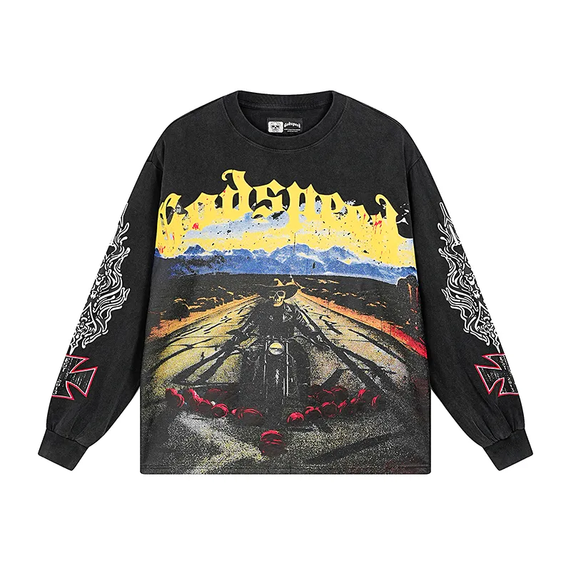 1100# P160 Washed Black Real Shot Godspeed American Fashion Rock Street Retro Washed Distressed Printed Pure Cotton Short Sleeves Fabric: 270g 32 Count Fine Cotton Double Yarn Pure Cotton Color: Washed Black Size: S M L XL