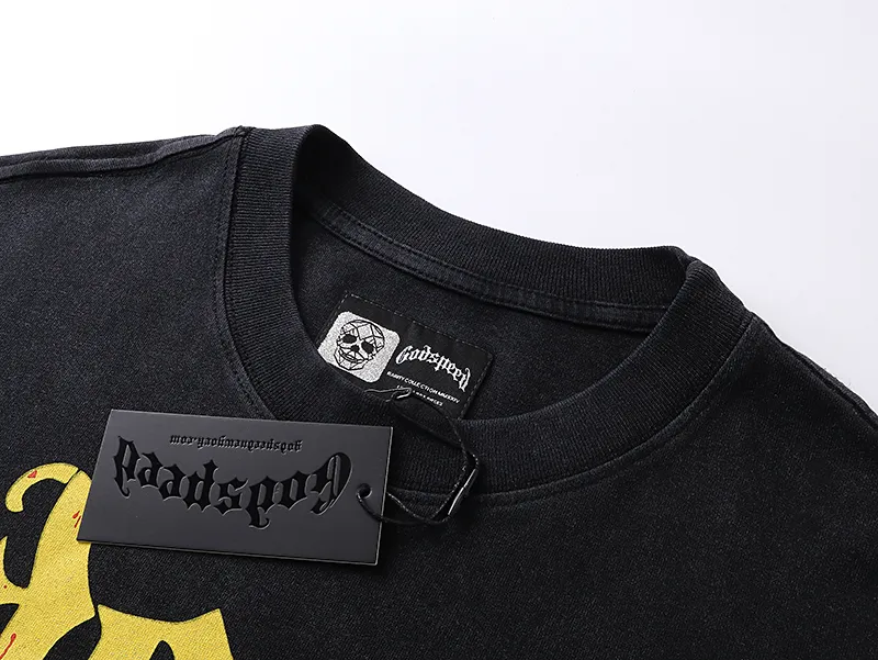 1100# P160 Washed Black Real Shot Godspeed American Fashion Rock Street Retro Washed Distressed Printed Pure Cotton Short Sleeves Fabric: 270g 32 Count Fine Cotton Double Yarn Pure Cotton Color: Washed Black Size: S M L XL