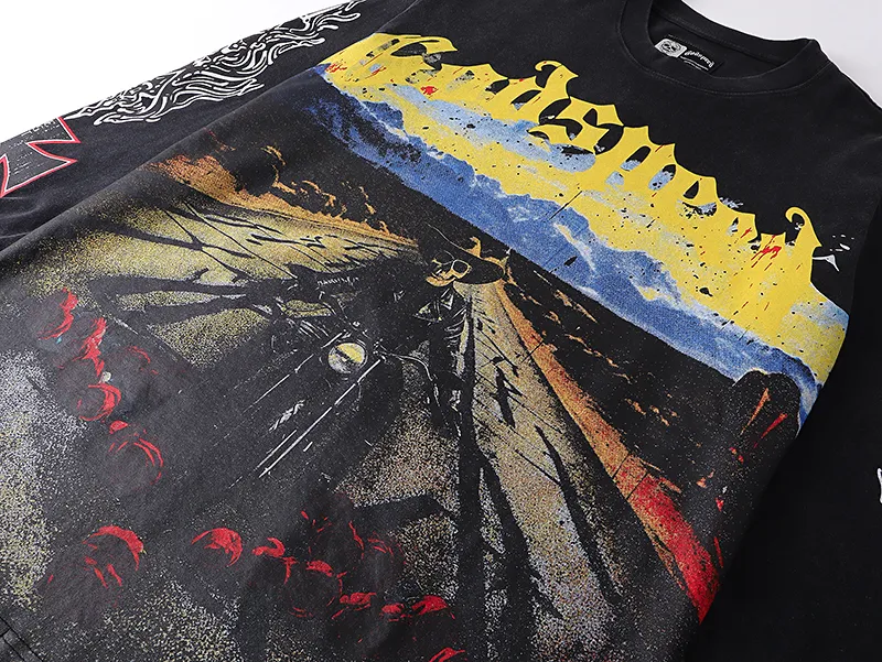 1100# P160 Washed Black Real Shot Godspeed American Fashion Rock Street Retro Washed Distressed Printed Pure Cotton Short Sleeves Fabric: 270g 32 Count Fine Cotton Double Yarn Pure Cotton Color: Washed Black Size: S M L XL