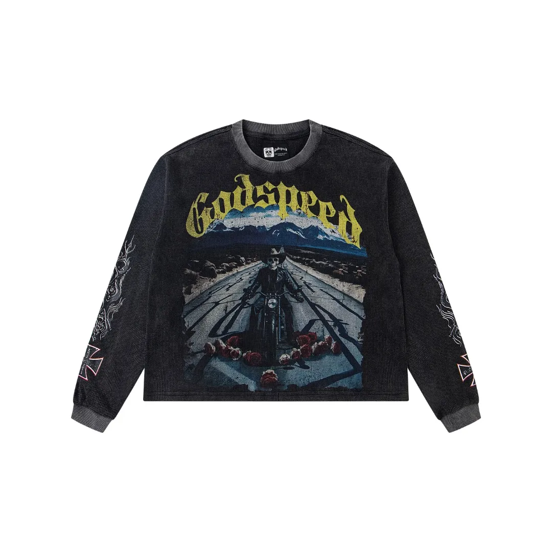 G13# GodSpeed ​​white ink direct spray long sleeve waffle S-XL washed black P186