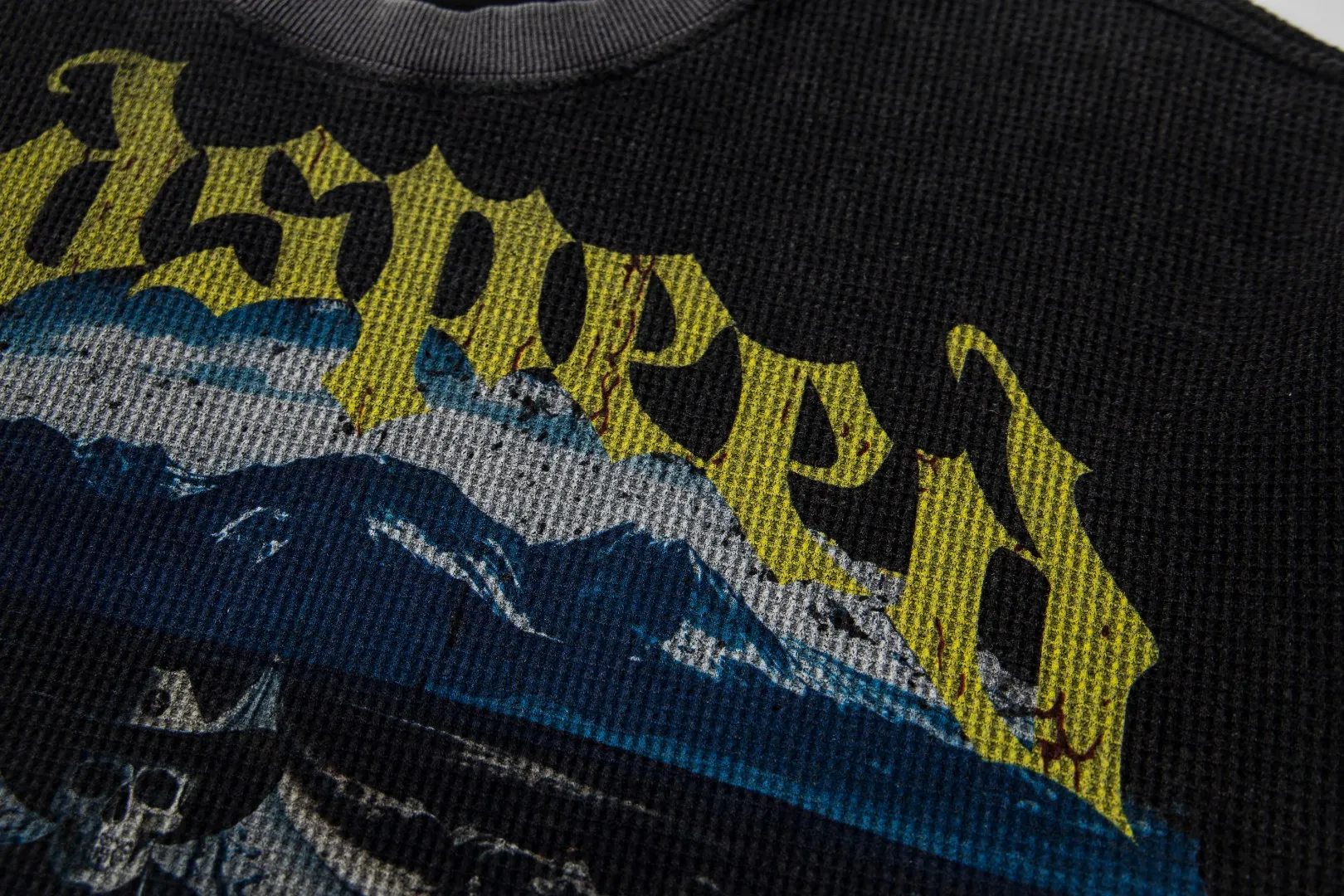 G13# GodSpeed ​​white ink direct spray long sleeve waffle S-XL washed black P186
