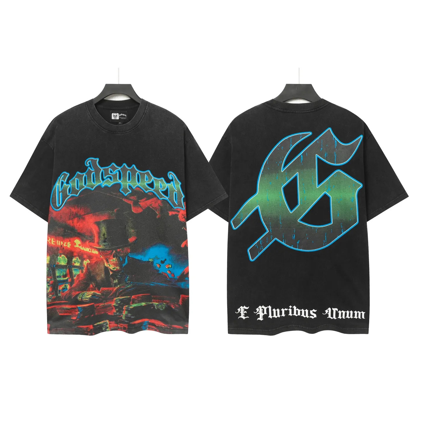 6060#washed black｜P116 Godspeed cross-border American rock and roll street washed retro style short-sleeved T (craft printing) fabric (fabric): 32 count combed double yarn 250g weight code number (size): S-M-L-XL color (colour): washed black