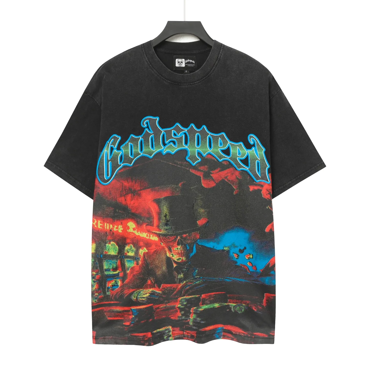 6060#washed black｜P116 Godspeed cross-border American rock and roll street washed retro style short-sleeved T (craft printing) fabric (fabric): 32 count combed double yarn 250g weight code number (size): S-M-L-XL color (colour): washed black