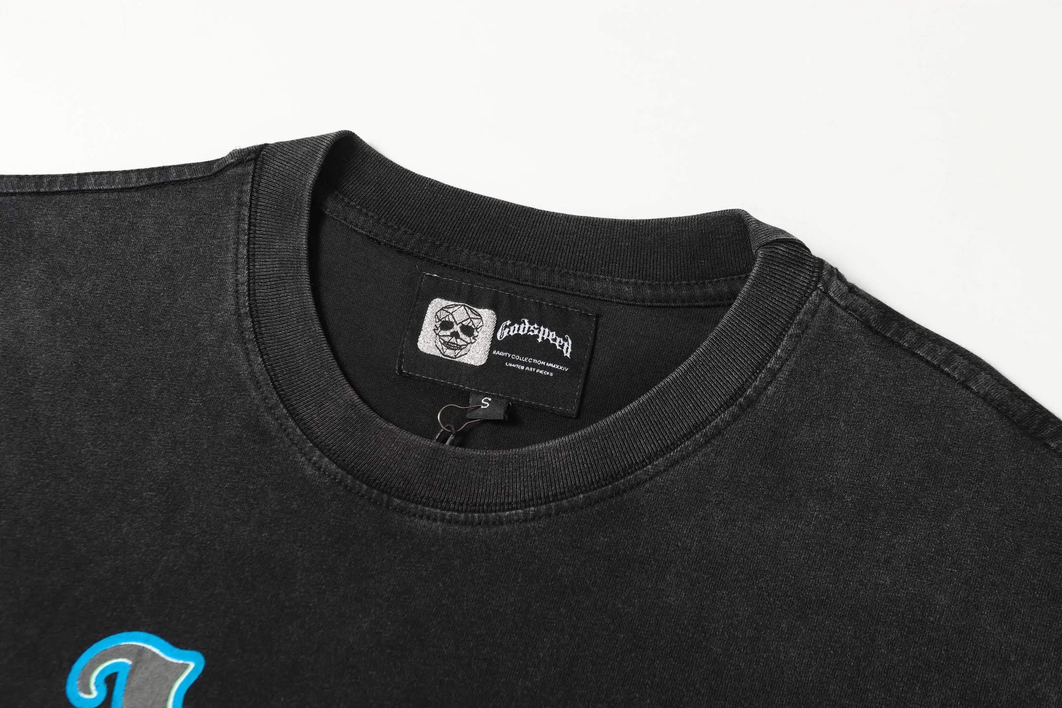 6060#washed black｜P116 Godspeed cross-border American rock and roll street washed retro style short-sleeved T (craft printing) fabric (fabric): 32 count combed double yarn 250g weight code number (size): S-M-L-XL color (colour): washed black