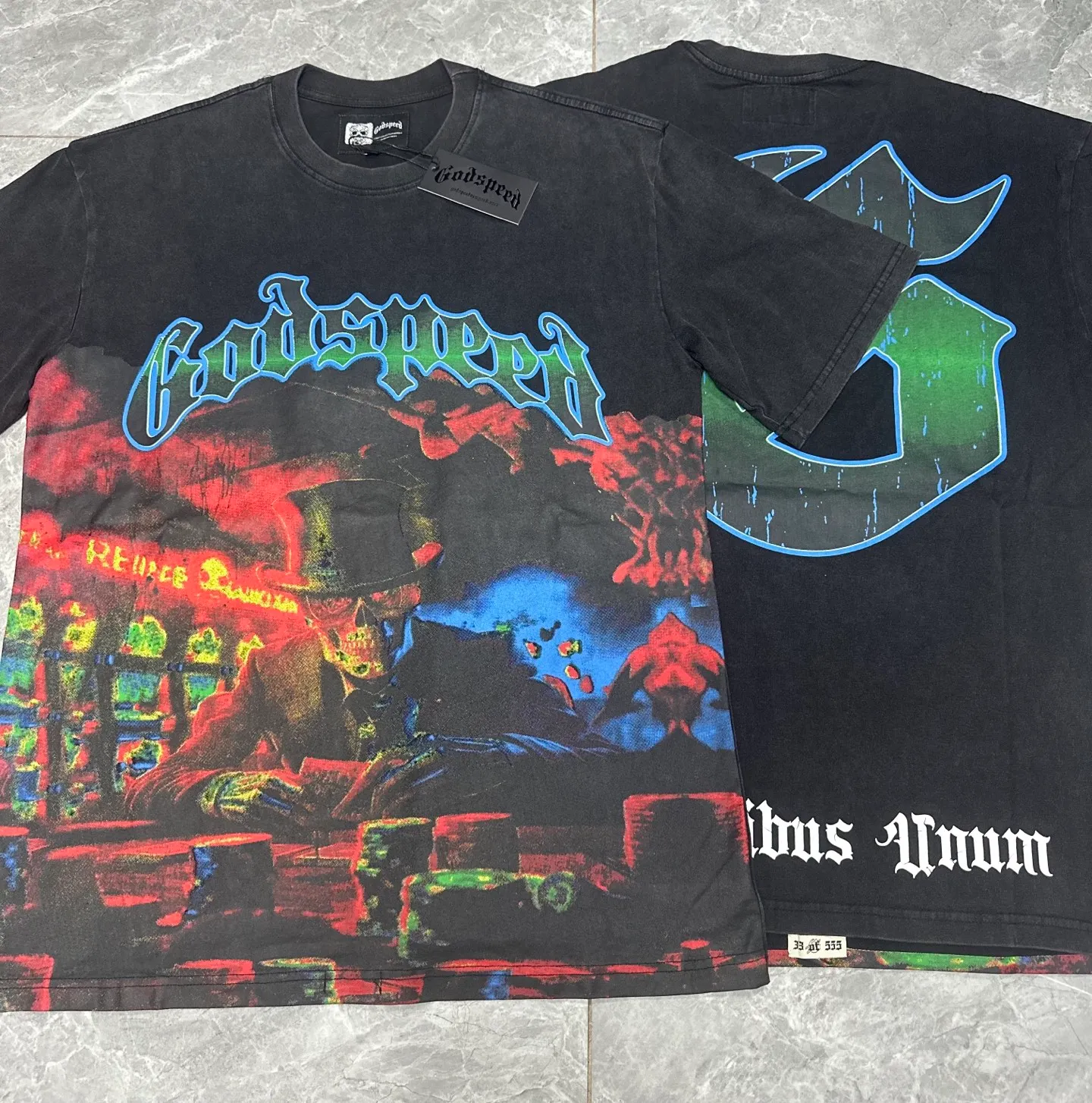 6060#washed black｜P116 Godspeed cross-border American rock and roll street washed retro style short-sleeved T (craft printing) fabric (fabric): 32 count combed double yarn 250g weight code number (size): S-M-L-XL color (colour): washed black