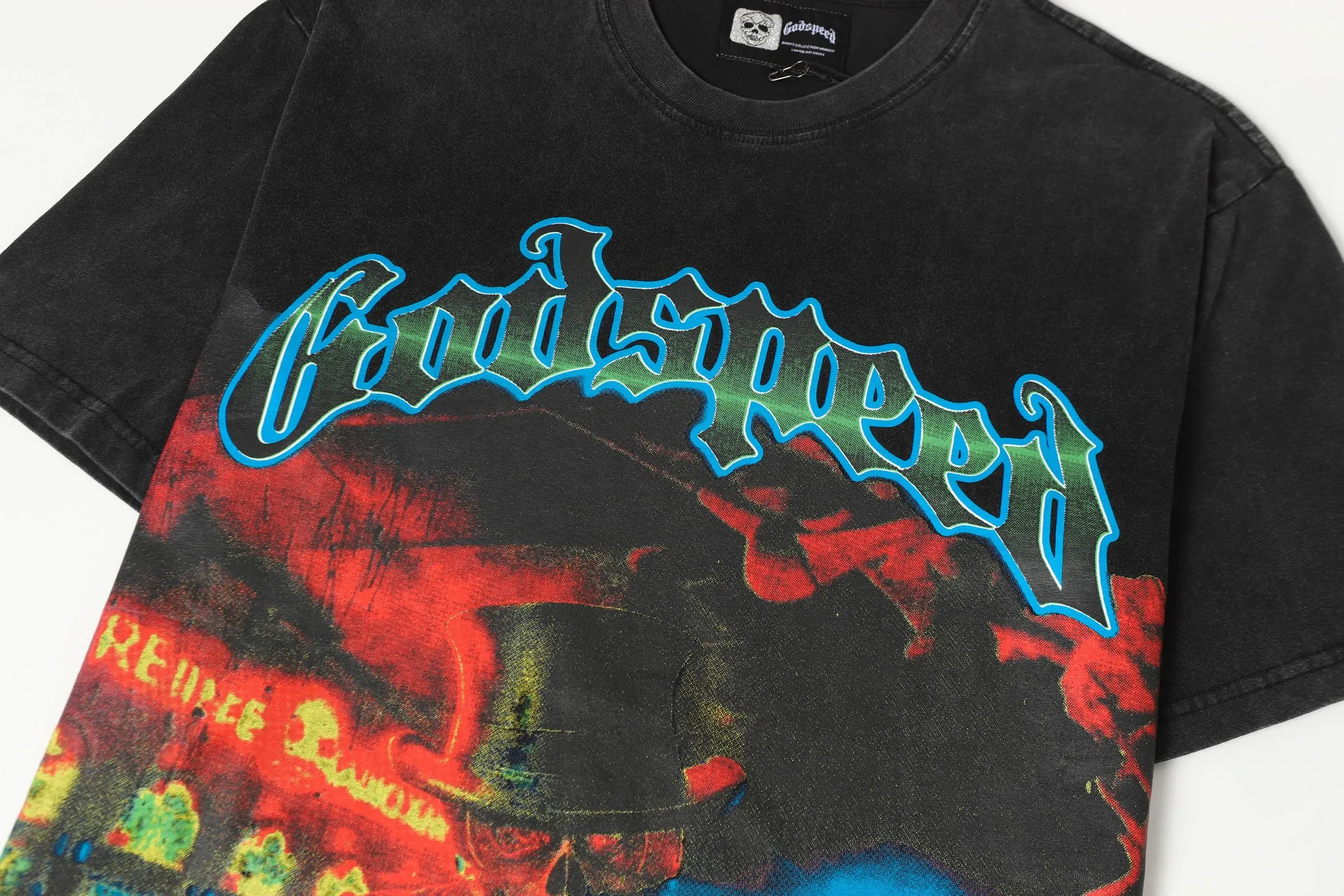 6060#washed black｜P116 Godspeed cross-border American rock and roll street washed retro style short-sleeved T (craft printing) fabric (fabric): 32 count combed double yarn 250g weight code number (size): S-M-L-XL color (colour): washed black