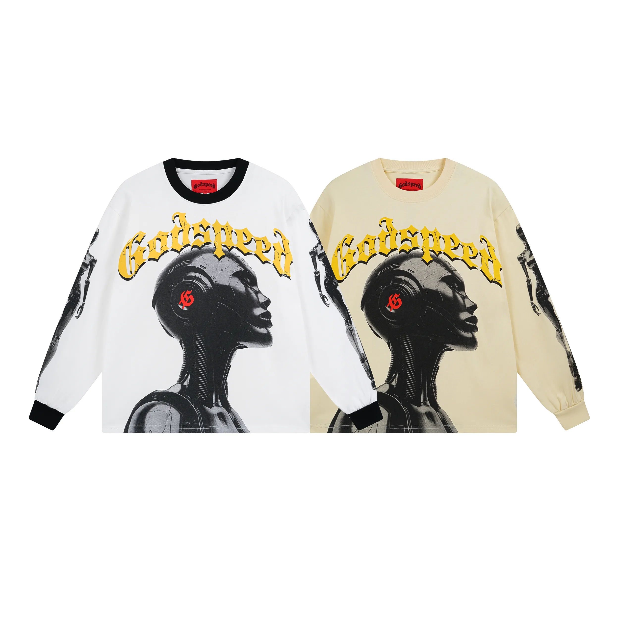 3096# P140 Real shot of Godspeed American fashion rock street pure cotton loose bottoming long-sleeved T-shirt long T-shirt Fabric: 270g 32 count fine cotton double yarn pure cotton Color: off-white apricot Code number: S M L XL