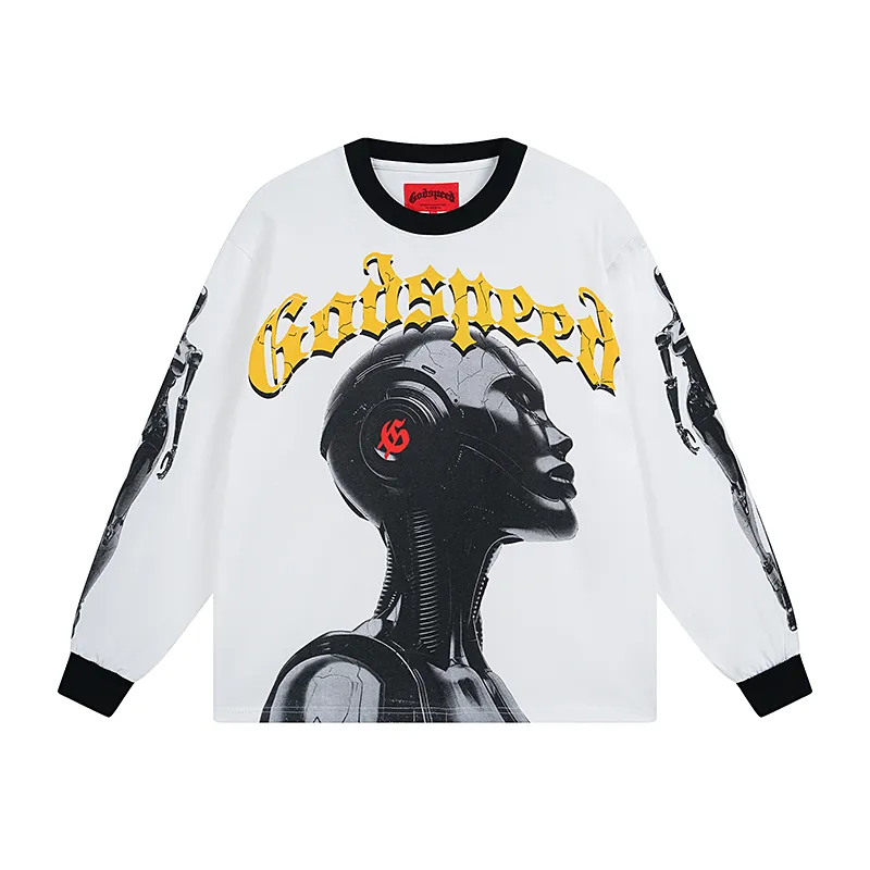 3096# P140 Real shot of Godspeed American fashion rock street pure cotton loose bottoming long-sleeved T-shirt long T-shirt Fabric: 270g 32 count fine cotton double yarn pure cotton Color: off-white apricot Code number: S M L XL