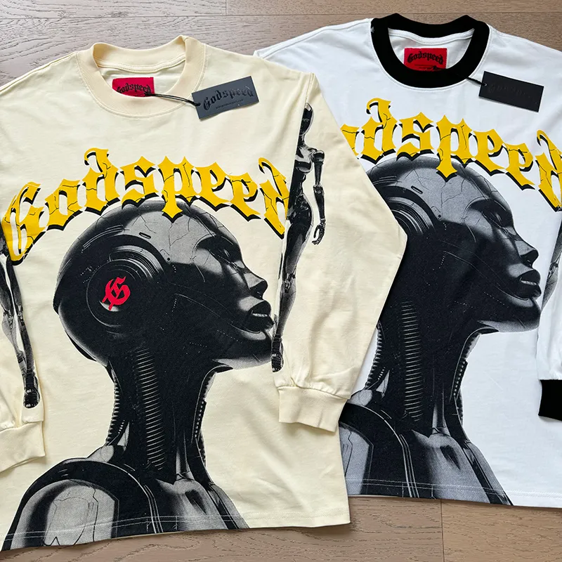 3096# P140 Real shot of Godspeed American fashion rock street pure cotton loose bottoming long-sleeved T-shirt long T-shirt Fabric: 270g 32 count fine cotton double yarn pure cotton Color: off-white apricot Code number: S M L XL