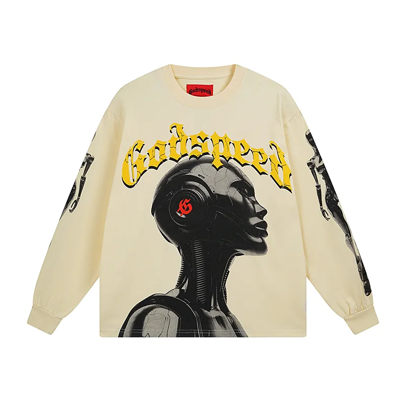 3096# P140 Real shot of Godspeed American fashion rock street pure cotton loose bottoming long-sleeved T-shirt long T-shirt Fabric: 270g 32 count fine cotton double yarn pure cotton Color: off-white apricot Code number: S M L XL
