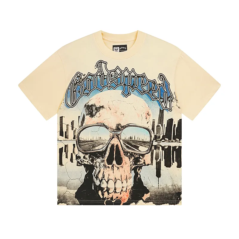 3037# P110 Real shot Godspeed American fashion rock street retro loose printed cotton short sleeves Fabric: 240g 32 count fine cotton double yarn pure cotton Color: apricot Size: S M L XL