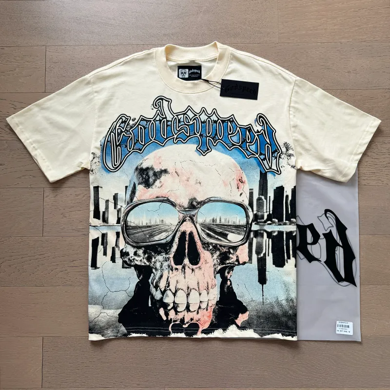 3037# P110 Real shot Godspeed American fashion rock street retro loose printed cotton short sleeves Fabric: 240g 32 count fine cotton double yarn pure cotton Color: apricot Size: S M L XL