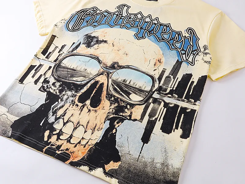 3037# P110 Real shot Godspeed American fashion rock street retro loose printed cotton short sleeves Fabric: 240g 32 count fine cotton double yarn pure cotton Color: apricot Size: S M L XL