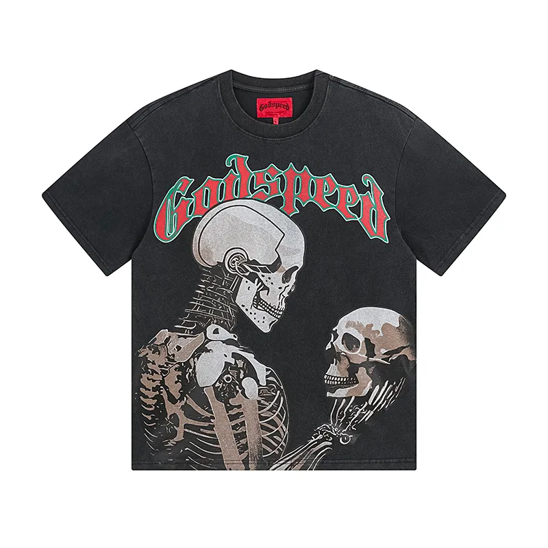 1060# P126 Washed Black Real Shot Godspeed American Fashion Rock Street Retro Washed Distressed Printed Pure Cotton Short Sleeves Fabric: 250g 32 Count Fine Cotton Double Yarn Pure Cotton Color: Washed Black Size: S M L XL