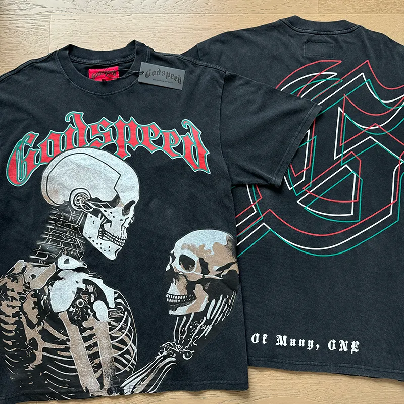 1060# P126 Washed Black Real Shot Godspeed American Fashion Rock Street Retro Washed Distressed Printed Pure Cotton Short Sleeves Fabric: 250g 32 Count Fine Cotton Double Yarn Pure Cotton Color: Washed Black Size: S M L XL