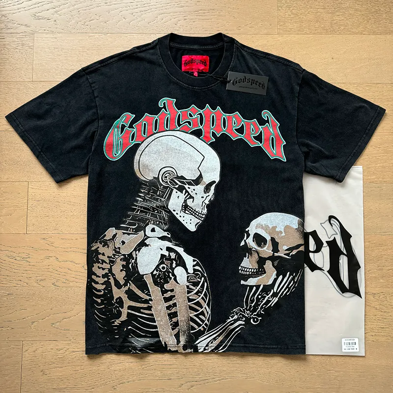 1060# P126 Washed Black Real Shot Godspeed American Fashion Rock Street Retro Washed Distressed Printed Pure Cotton Short Sleeves Fabric: 250g 32 Count Fine Cotton Double Yarn Pure Cotton Color: Washed Black Size: S M L XL