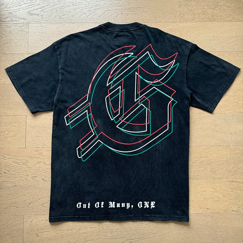 1060# P126 Washed Black Real Shot Godspeed American Fashion Rock Street Retro Washed Distressed Printed Pure Cotton Short Sleeves Fabric: 250g 32 Count Fine Cotton Double Yarn Pure Cotton Color: Washed Black Size: S M L XL