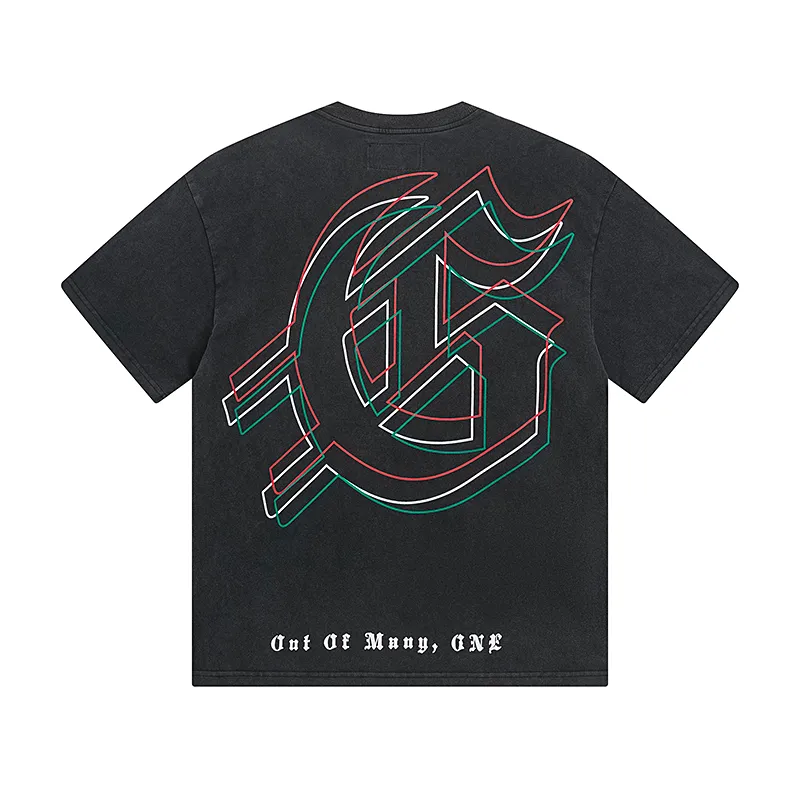 1060# P126 Washed Black Real Shot Godspeed American Fashion Rock Street Retro Washed Distressed Printed Pure Cotton Short Sleeves Fabric: 250g 32 Count Fine Cotton Double Yarn Pure Cotton Color: Washed Black Size: S M L XL