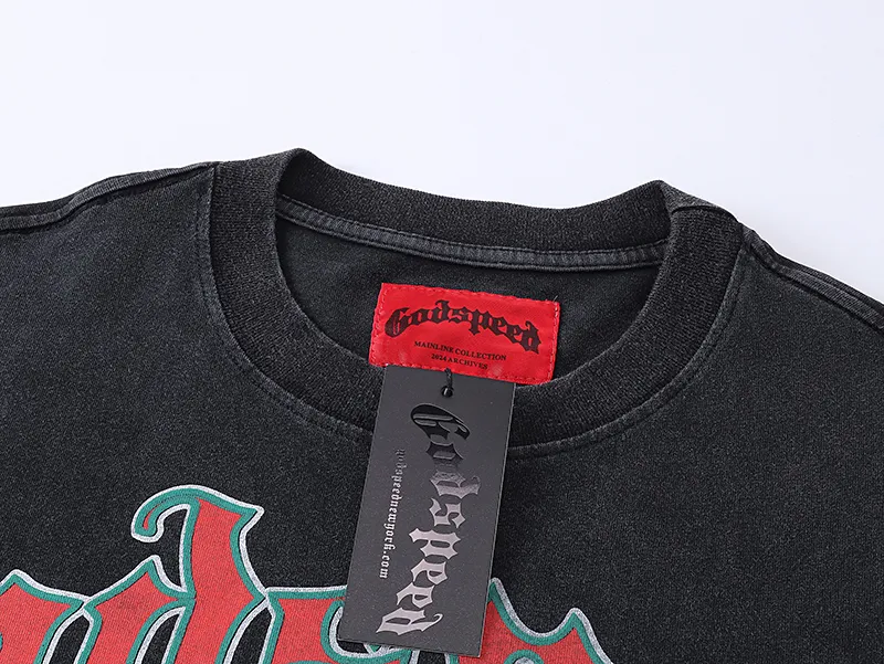 1060# P126 Washed Black Real Shot Godspeed American Fashion Rock Street Retro Washed Distressed Printed Pure Cotton Short Sleeves Fabric: 250g 32 Count Fine Cotton Double Yarn Pure Cotton Color: Washed Black Size: S M L XL