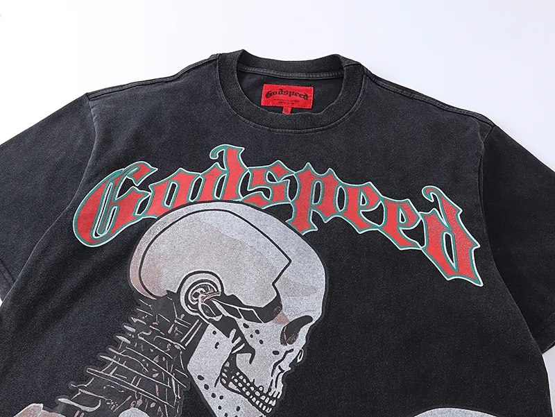 1060# P126 Washed Black Real Shot Godspeed American Fashion Rock Street Retro Washed Distressed Printed Pure Cotton Short Sleeves Fabric: 250g 32 Count Fine Cotton Double Yarn Pure Cotton Color: Washed Black Size: S M L XL