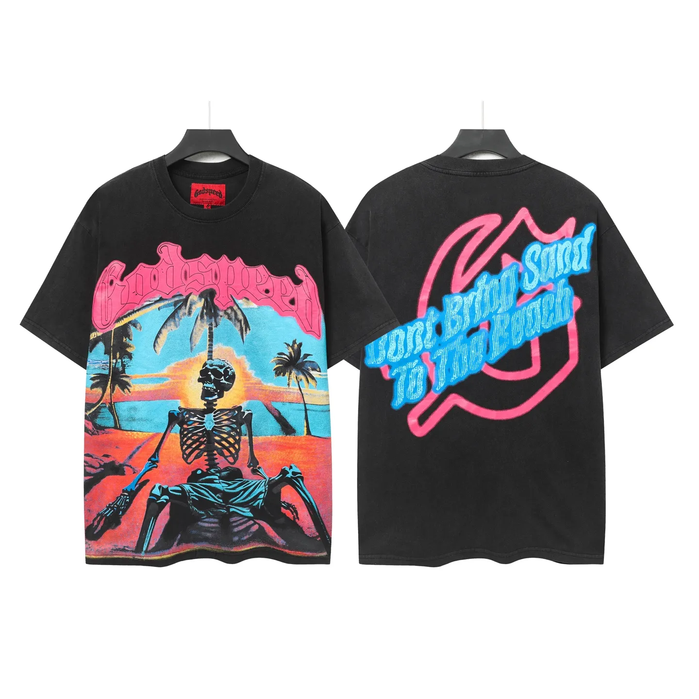 6042# washed black｜P116 Godspeed cross-border American rock and roll street washed retro style short-sleeved T (craft printing) fabric (fabric): 32 count combed double yarn 250 grams weight code (size): S-M-L-XL color (colour): washed black 👉
