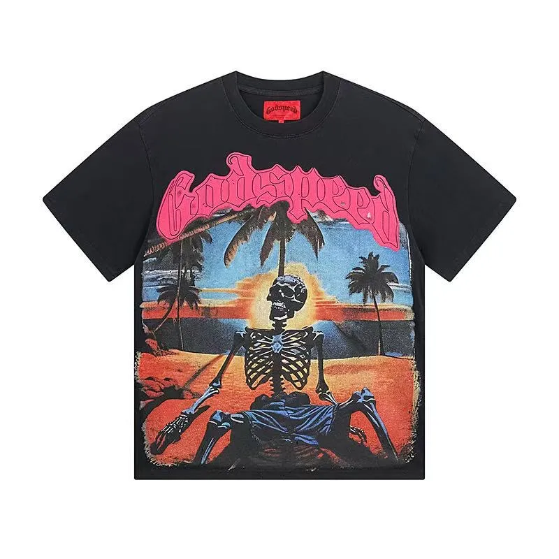 6042# washed black｜P116 Godspeed cross-border American rock and roll street washed retro style short-sleeved T (craft printing) fabric (fabric): 32 count combed double yarn 250 grams weight code (size): S-M-L-XL color (colour): washed black 👉