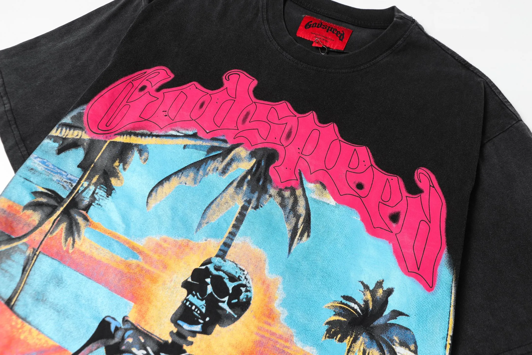 6042# washed black｜P116 Godspeed cross-border American rock and roll street washed retro style short-sleeved T (craft printing) fabric (fabric): 32 count combed double yarn 250 grams weight code (size): S-M-L-XL color (colour): washed black 👉