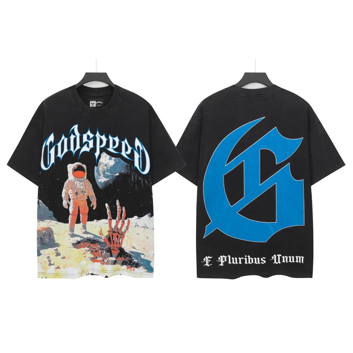 6109# washed black I P116 Godspeed cross-border American rock and roll street washed retro style short-sleeved T (craft printing) fabric (fabric): 32 count combed double yarn 250 grams weight code number (size): S-M-L-XL color (colour): washed black