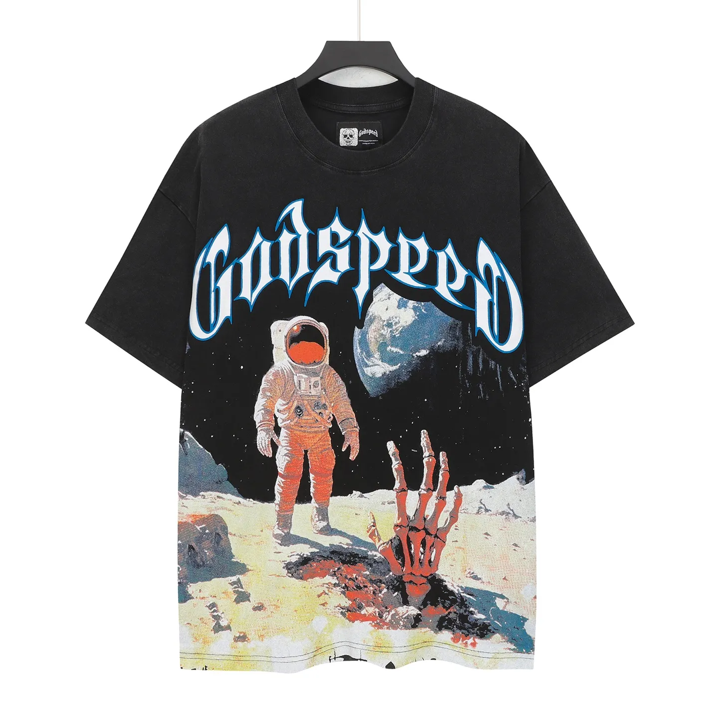 6109# washed black I P116 Godspeed cross-border American rock and roll street washed retro style short-sleeved T (craft printing) fabric (fabric): 32 count combed double yarn 250 grams weight code number (size): S-M-L-XL color (colour): washed black