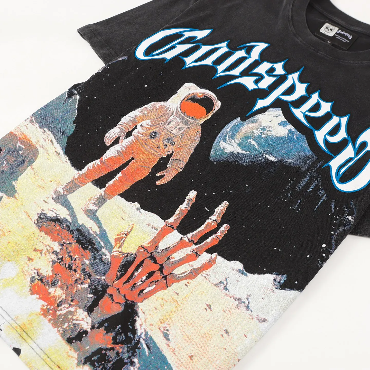 6109# washed black I P116 Godspeed cross-border American rock and roll street washed retro style short-sleeved T (craft printing) fabric (fabric): 32 count combed double yarn 250 grams weight code number (size): S-M-L-XL color (colour): washed black